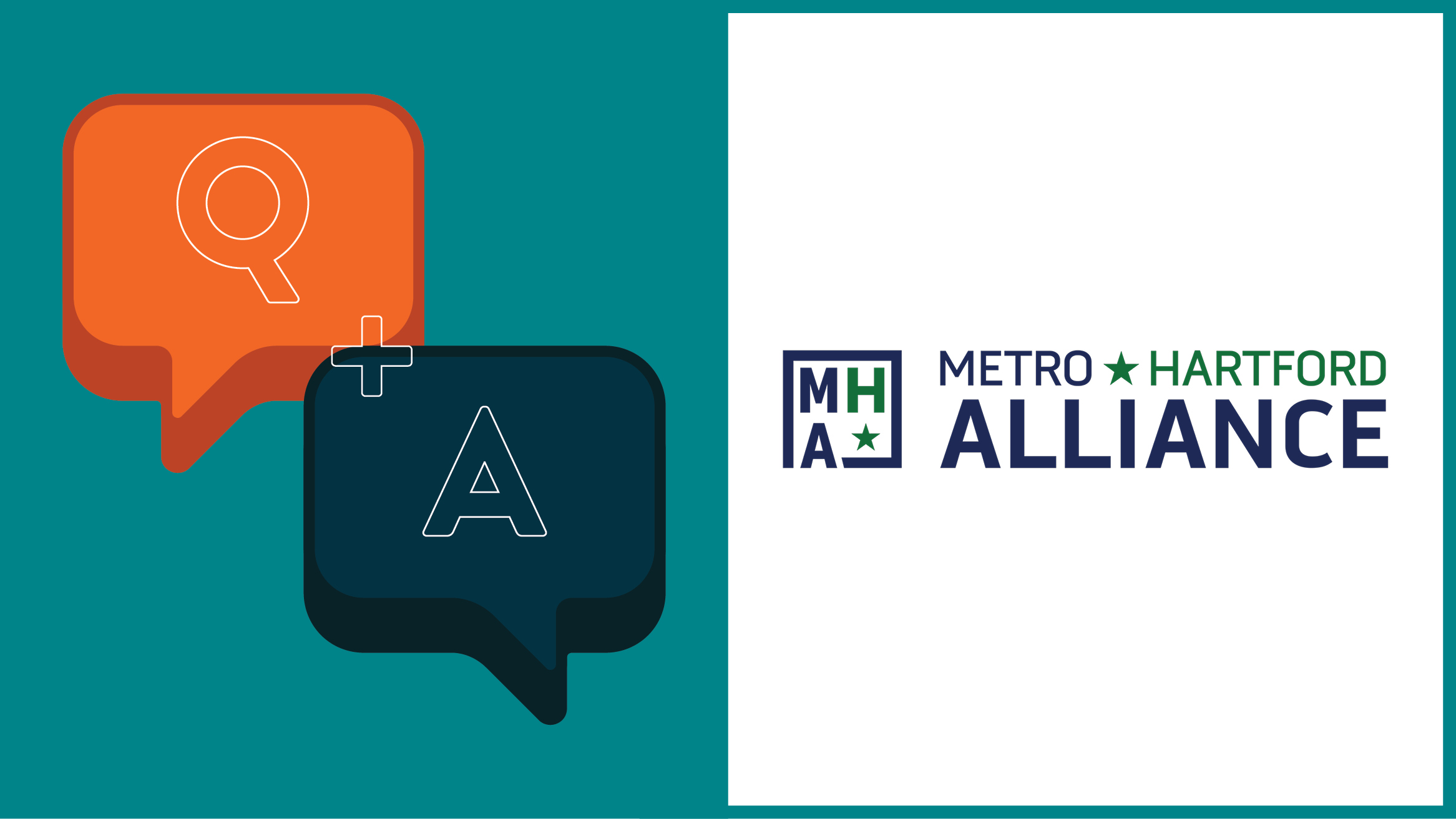 Metro Hartford Alliance logo paired with Q and A in thought bubbles