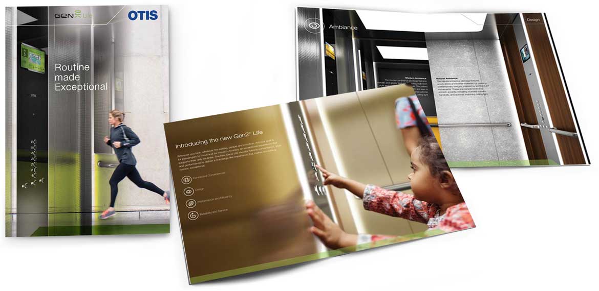 three images showing cover and inside spread of Otis brochure