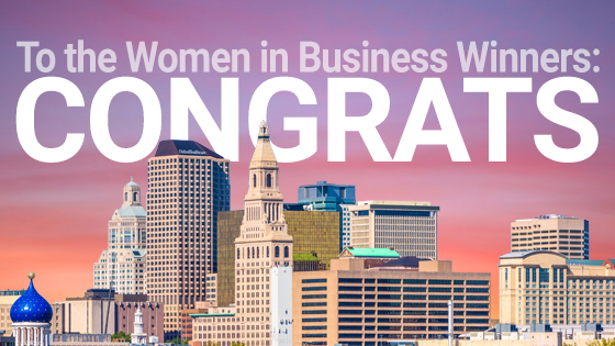 photo of hartford skyline with text congratulating women in business winners