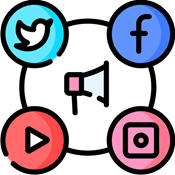 microphone surrounded by social media icons
