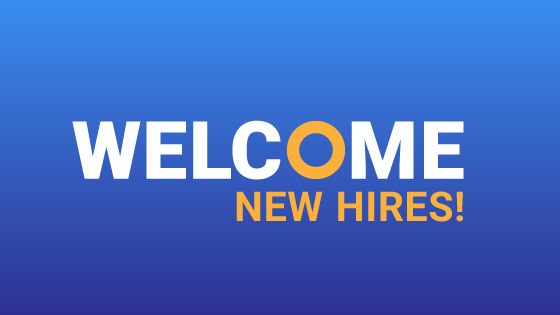 welcome new hires text on a blue gradient background
