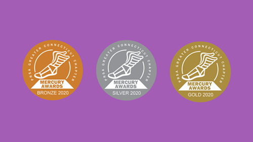 bronze, silver and gold Mercury award badge on a colored background